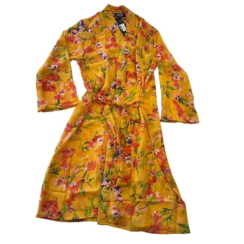 NWT Shore Drive Yellow Floral Boho Kimono Swim Beach Pool Cover Up Robe OSFM‎